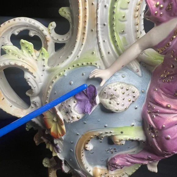 Vintage Rare Saxony Art Nouveau Porcelain Floral Woman Figural Vase 12.5" - Picture 7 of 10